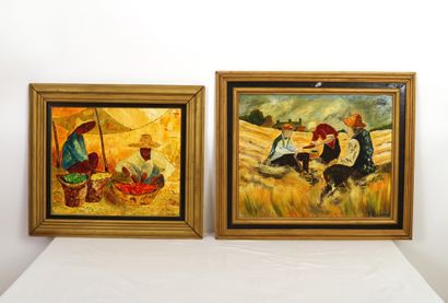 null TWO PICTURES "LUNCH IN THE FIELD" AND "MARKET SCENE" by D. CHAMERLAT (20th)

Paintings...