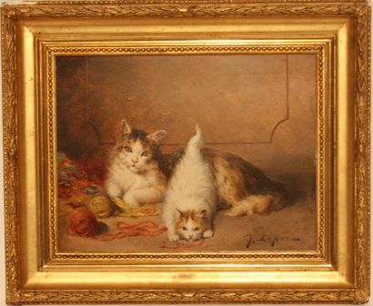 JULES LEROY (Peintre du XIXème) Les chats jouant avec les pelotes de laine. Epoque...