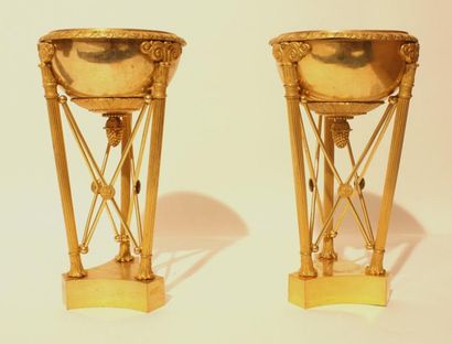 null PAIRE DE JARDINIERES DE TABLE En bronze doré, supportées par trois colonnes...