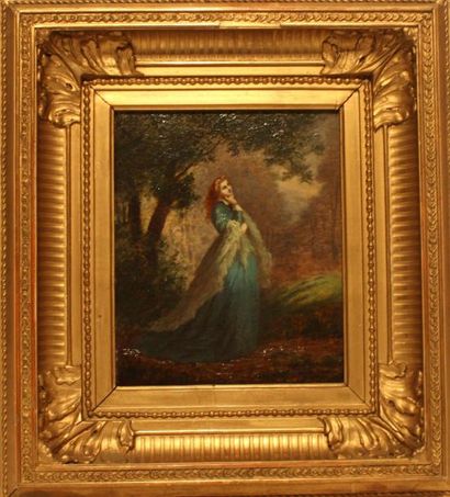 AMELIE NIVE Femme romantique dans les bois. Huile sur panneau. Epoque XIXème. H:...