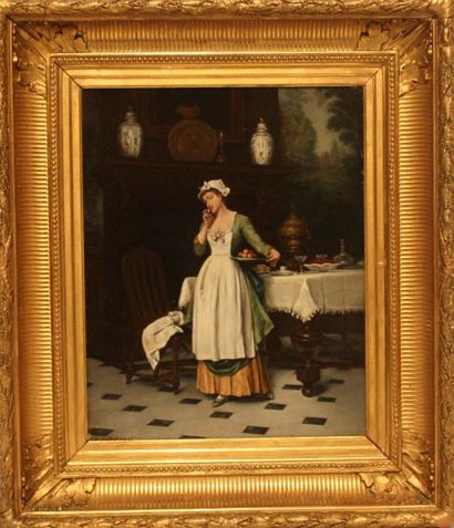 HENRI DESFONTAINES Femme à la cuisine. Huile sur toile. Epoque XIXème. H: 41; L:...