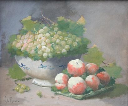 AUGUSTE LEROUX (1871-1954) Nature morte aux pêches et raisins Huile sur toile signé...
