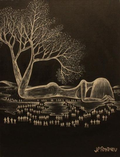 J.P PONTHIEU Huile sur toile représentant la femme arbre, allongée sur le ventre,...