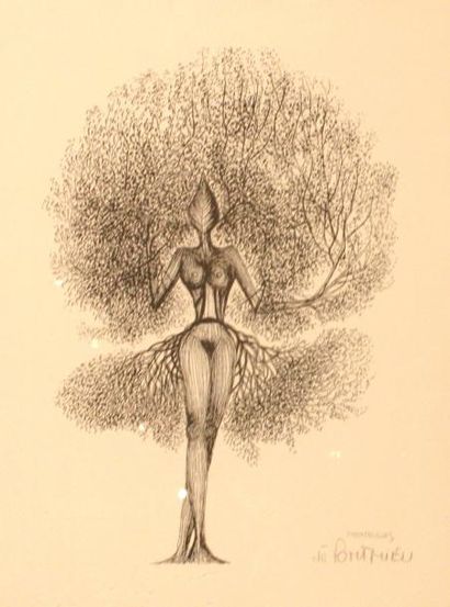 J.P PONTHIEU Tirage limité, gravure sur papier d'une femme arbre accroupie, signé...