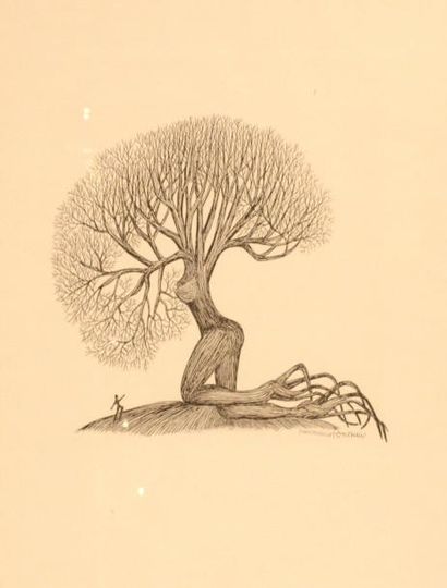 J. P PONTHIEU Tirage limité, gravure sur papier d'une femme arbre nue, signé en bas...