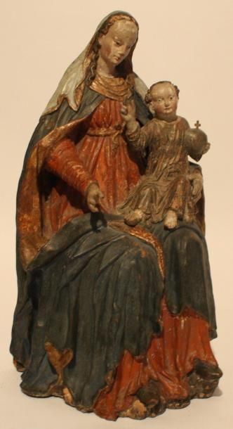null VIERGE A L'ENFANT Sculpture en terre cuite polychrome. Allemagne début XVIIème...