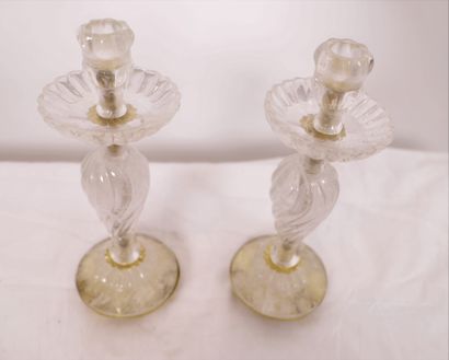  PAIR OF ROCK CRYSTAL CANDLESTICKS 
With a twisted baluster shaft, resting on a circular...