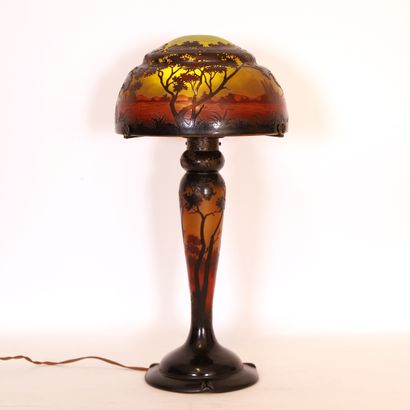 null GRANDE LAMPE ART NOUVEAU "PAYSAGE LACUSTRE AU COUCHER DE SOLEIL" par DAUM NANCY

Verre...