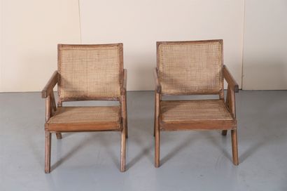 null 
SET OF TWO EASY ARMCHAIRS by Pierre JEANNERET (1896-1967)

In teak with a sloping...
