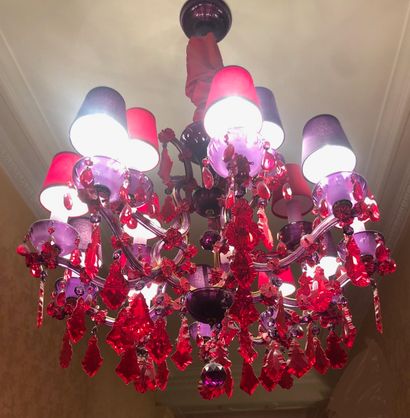 null RED AND PURPLE TINTED GLASS PENDANTS LIGHT, 20th century

18 arms of lights

H...