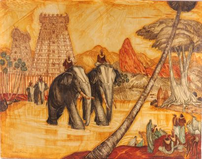 null André MAIRE (1898-1984) Les éléphants sacrés à Madurai Huile sur toile d’origine...