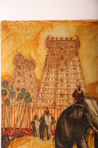 null André MAIRE (1898-1984) Les éléphants sacrés à Madurai Huile sur toile d’origine...