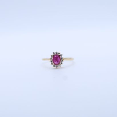 null YELLOW GOLD POMPADOUR RING SET WITH A CUSHION RUBY IN A CLAW SETTING AND SURROUNDED...