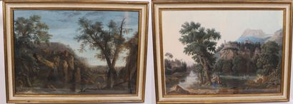 J.B. Pourcelly IMPORTANT PAIR OF GOUACHES "PITTORESQUE PAYSAGES ANIMÉS" by Jean-Baptiste...