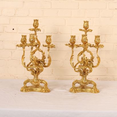null PAIR OF GOLDEN BRONZE CANDELABRES LOUIS XV style, model of CAFFIERI
With four...