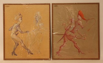 LEONORD FINI (1908 - 1996) Paire de gravures aquarellées. Scène érotique. H: 36,5;...