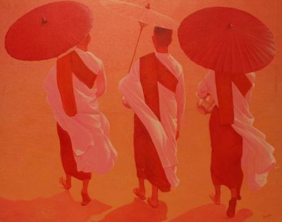 PREDA Marche des moines tibétains. Huile sur toile. Peintre asiatique de Bangkok...