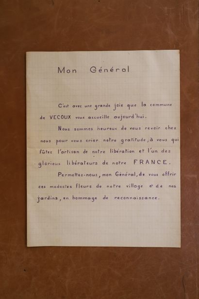 null Discours de la Commune de VECOUX (Vosges) au Général de Monsabert pour le remercier...