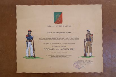null Diplôme Légion Etrangère 
Ordre du Régiment 142 au Général d'Armée Goislard...