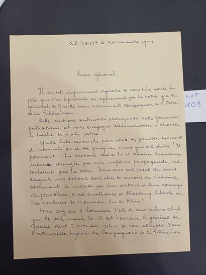 null Lettre de félicitations du 24 novembre 1944 du Lieutenant ADONE au Général de...