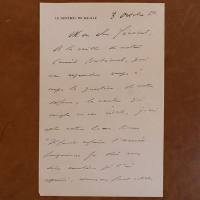 null Lettre signée, datée du 03/10/1950 du Général de GAULLE destinée au Général...