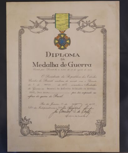 null Diplôme de Médaille de Guerre du Brésil au nom du Général Goislard de Monsabert...