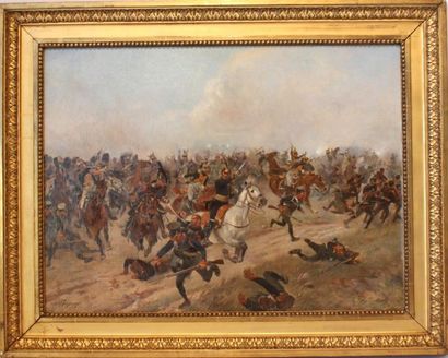 null SCENE DE BATAILLE Huile sur toile, représentant la charge des hussards Napoléonienne...