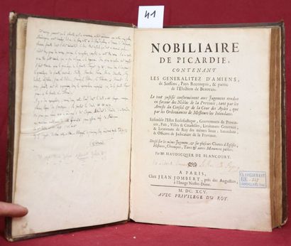 null NOBILIAIRE de PICARDIE par Haudicquer de Blancourt. Paris 1695, in-4 relié pleine...