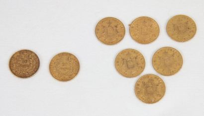 Lot de huit pièces de 20 francs or 
Six représentant...
