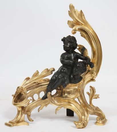 null PAIRE DE CHENETS "ALLEGORIES DES ARTS" DE STYLE LOUIS XV

En bronze doré et...