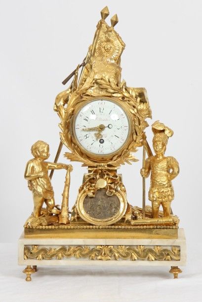null PENDULE "AUX ENFANTS GUERRIERS" LOUIS XVI 

En bronze doré et marbre blanc présentant...