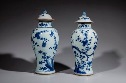 null Paire de vases couverts en porcelaine blanche décoré en bleu cobalt sous couverte...