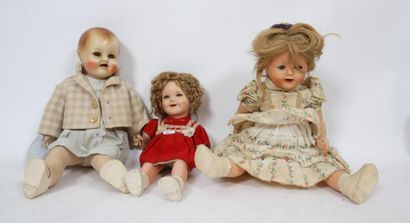 null Trois poupées dont petite SHIRLEY TEMPLE, H=35cm et deux RAYNAL, avec yeux ...