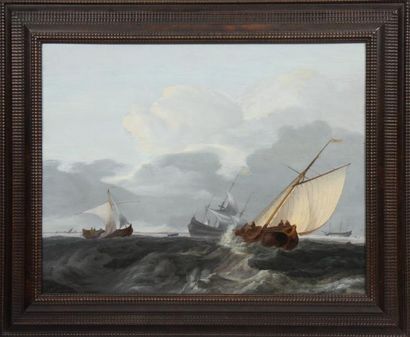 null Aernout SMIT (Amsterdam 1641-1710) (Attribué à)
"Marine cotière"
Huile sur panneau...