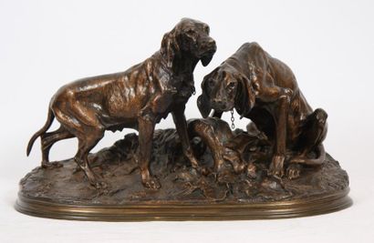 null BRONZE "DEUX CHIENS DE CHASSE" DE MENE (1810-1879)

Bronze à patine mordorée,...