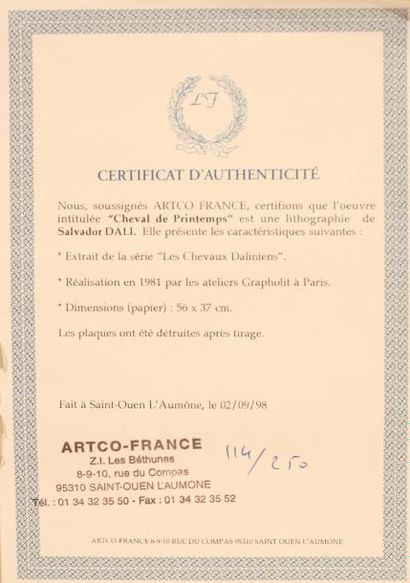 null LITHO "CHEVAL DE PRINTEMPS" DE DALI (1904/1989)

Lithographie couleurs, contresignée...