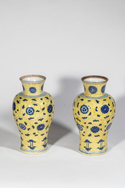 null Paire de vases balustre en porcelaine décorée de rinceaux à fleurs épanouies...