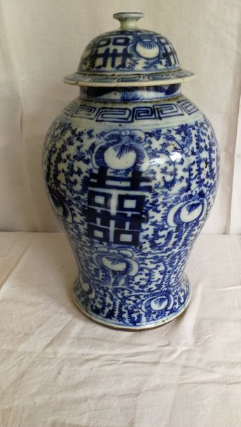 null Importante potiche couverte en porcelaine blanc bleu. Chine . 19 ème siècle....