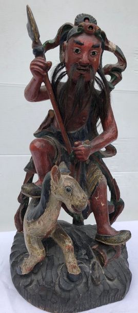 null Figuration Taoïste illustrant un cavalier. Bois sculpté polychrome, reposant...