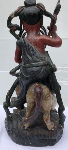 null Figuration Taoïste illustrant un cavalier. Bois sculpté polychrome, reposant...