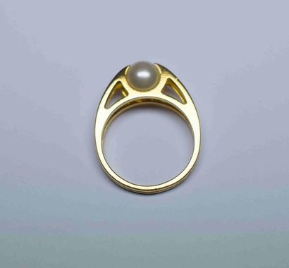 null Bague or jaune double anneau protégeant une belle perle de culture -or 3,7 ...