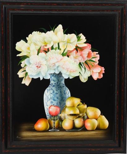 null TABLEAU "COMPOSITION AU BOUQUET DE FLEURS ET AUX FRUITS OU SILENCE POUR QUATRE...