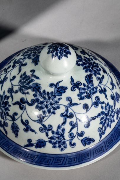 null Potiche couverte en porcelaine blanche décoré en bleu cobalt sous couvert de...