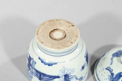 null Pot couvert sur piédouche en porcelaine blanche décoré en bleu cobalt sous couverte...
