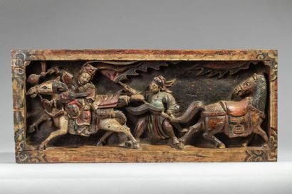 null Paire de hauts reliefs illustrant une scène de combat animé de quatre cavaliers...