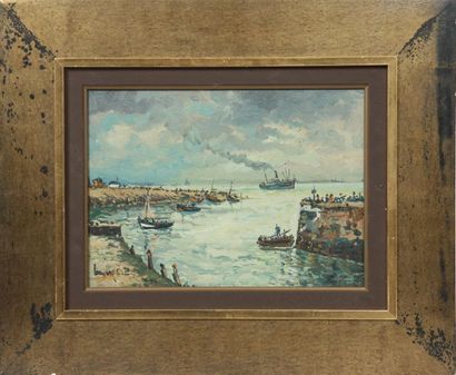 null TABLEAU MARINE "LA JETEE A OUISTREHAM" DE ROBERT L. P. LAVOINE (1916-1999) 

Huile...