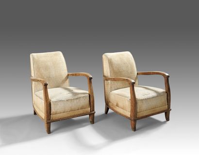  Jules LELEU (1883-1961)
Pair of mahogany armchairs, slightly sinuous arms and uprights... Gazette Drouot
