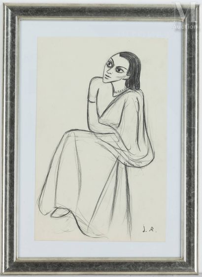DOM ROBERT (1907-1997) Femme en sari 
Crayon et fusain sur papier 
Monogrammé en... Gazette Drouot