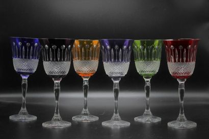 null KLEIN in Baccarat. Set of six colored crystal stemmed glasses, stamped on the...
