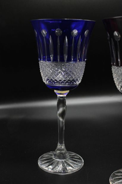 null KLEIN in Baccarat. Set of six colored crystal stemmed glasses, stamped on the...